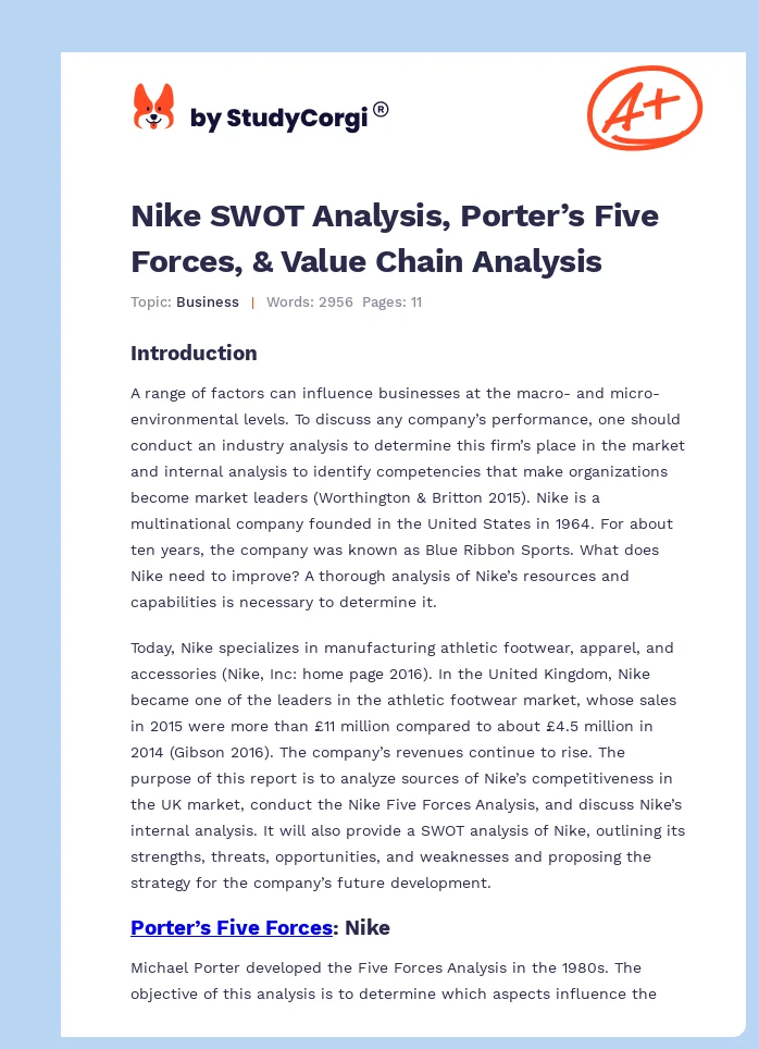Nike SWOT Analysis, Porter’s Five Forces, & Value Chain Analysis. Page 1