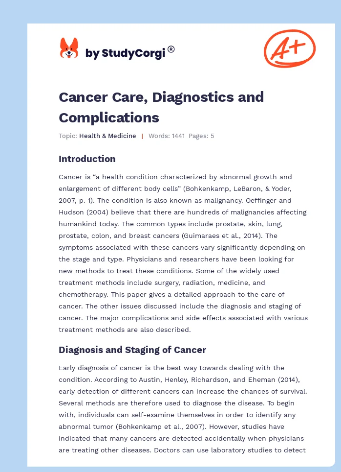 Cancer Care, Diagnostics and Complications. Page 1