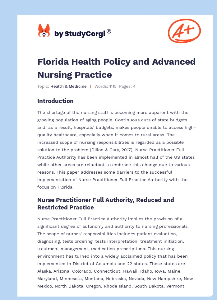 Florida Health Policy and Advanced Nursing Practice. Page 1