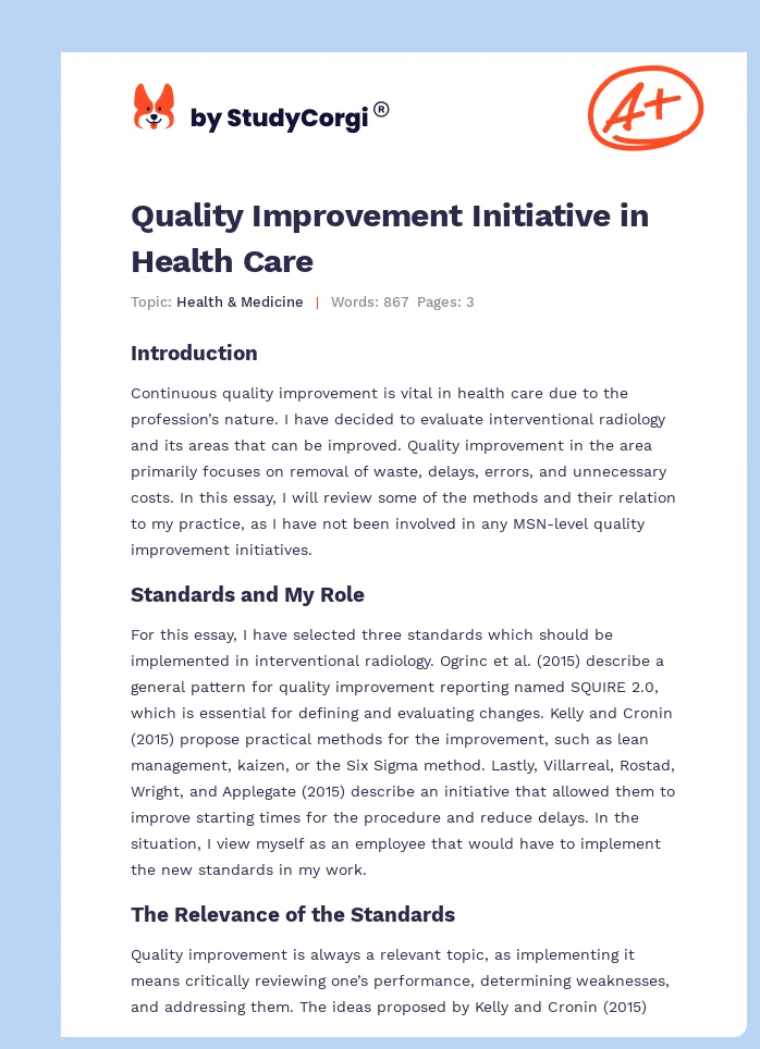 Quality Improvement Initiative in Health Care. Page 1