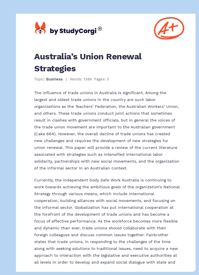 Australia’s Union Renewal Strategies. Page 1