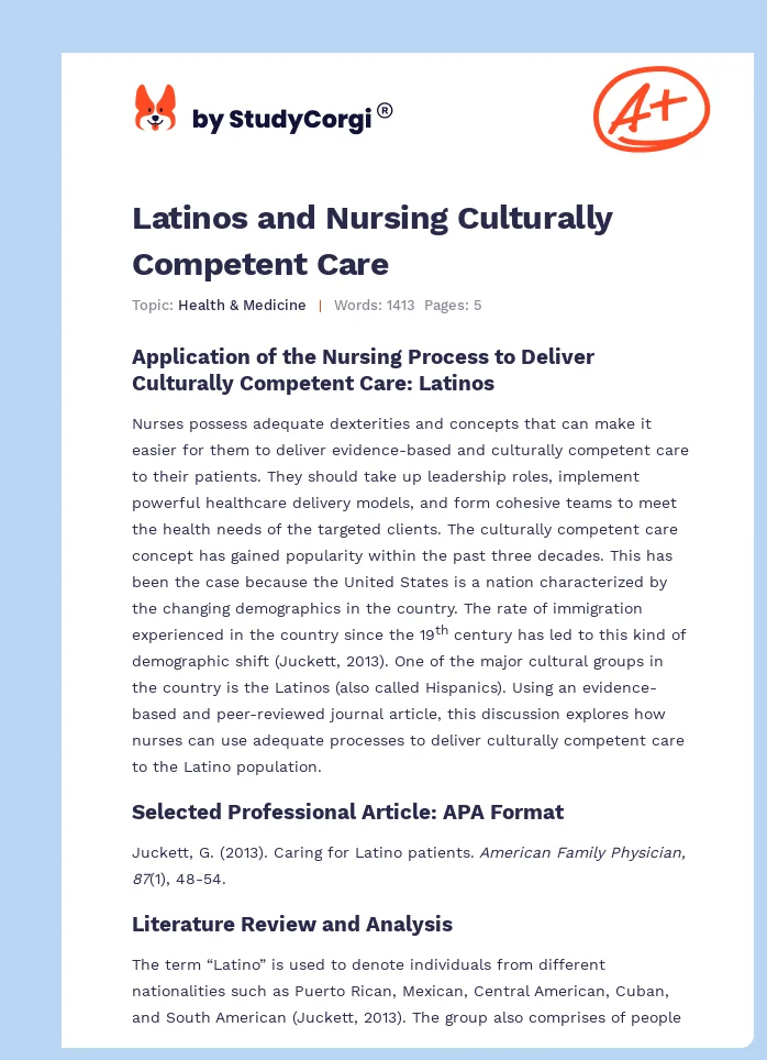Latinos and Nursing Culturally Competent Care. Page 1