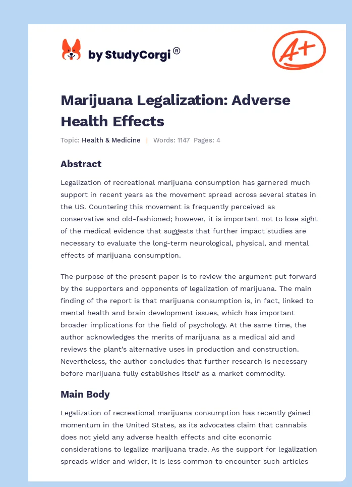 Marijuana Legalization: Adverse Health Effects. Page 1