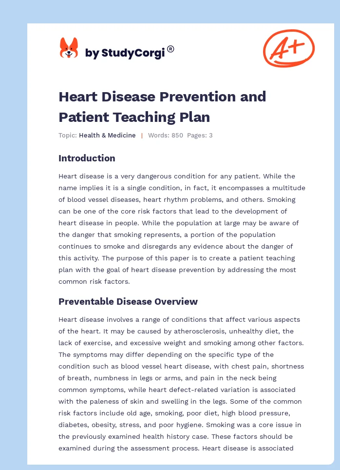 Heart Disease Prevention and Patient Teaching Plan. Page 1