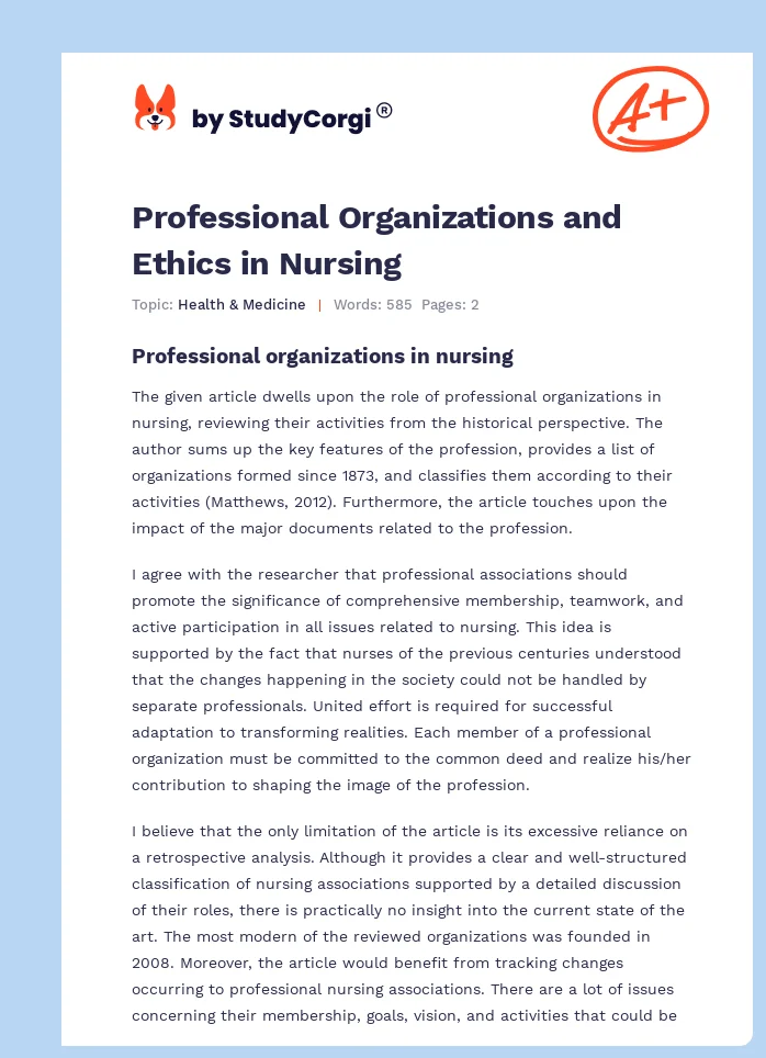 Professional Organizations and Ethics in Nursing. Page 1