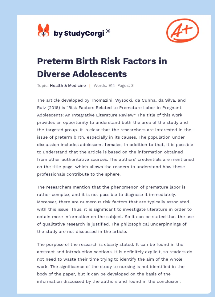 Preterm Birth Risk Factors in Diverse Adolescents. Page 1
