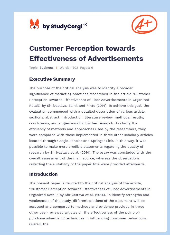 Customer Perception towards Effectiveness of Advertisements. Page 1