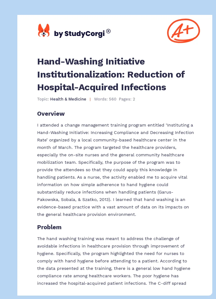 Hand-Washing Initiative Institutionalization: Reduction of Hospital-Acquired Infections. Page 1