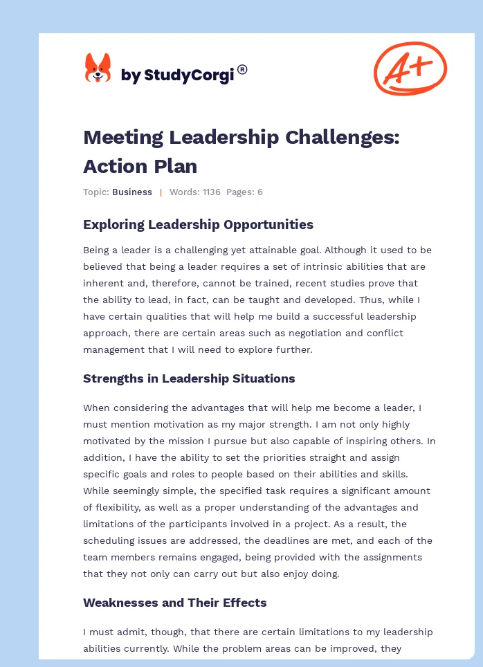 Meeting Leadership Challenges: Action Plan. Page 1