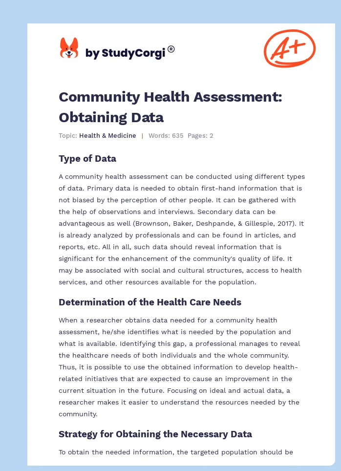 Community Health Assessment: Obtaining Data. Page 1