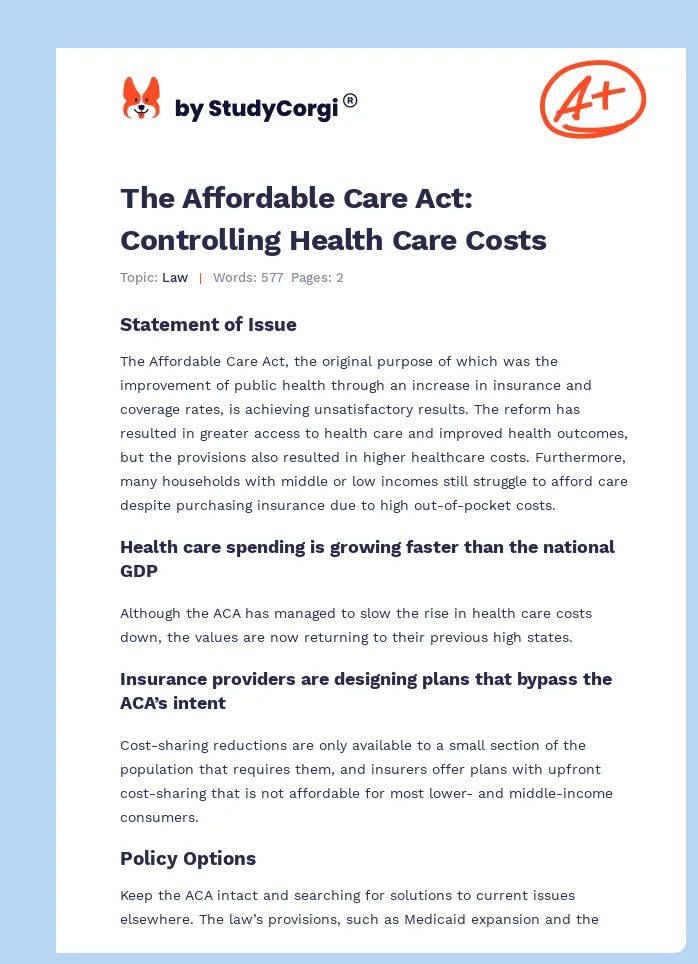 The Affordable Care Act: Controlling Health Care Costs. Page 1