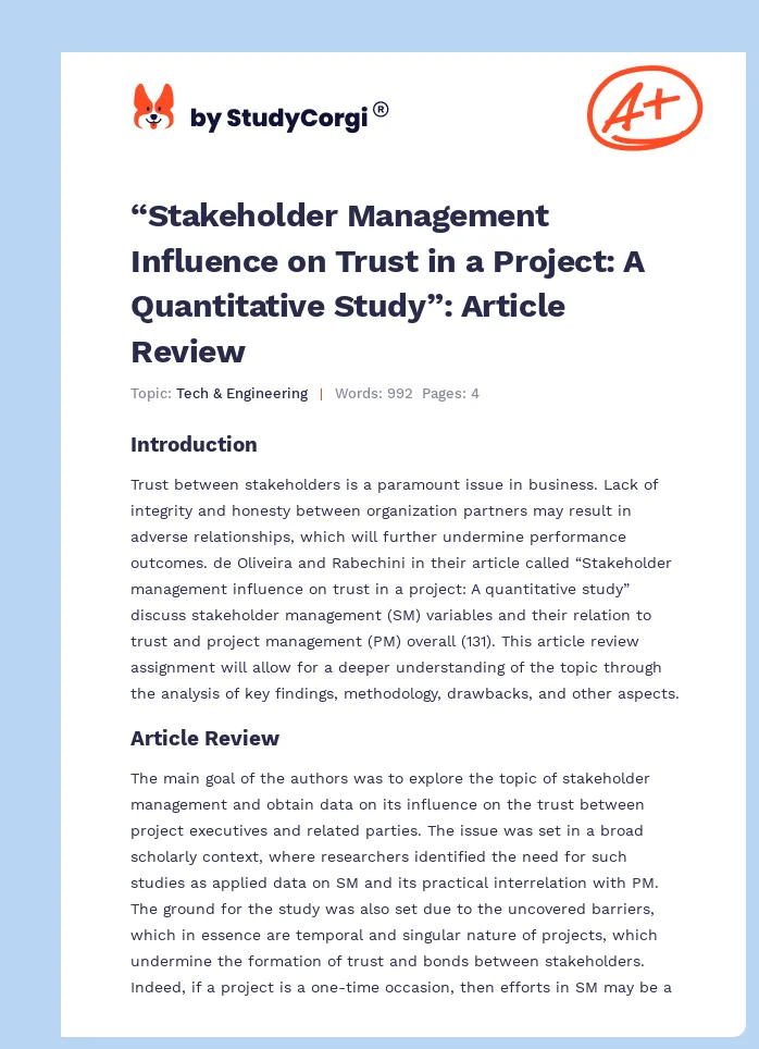 “Stakeholder Management Influence on Trust in a Project: A Quantitative Study”: Article Review. Page 1