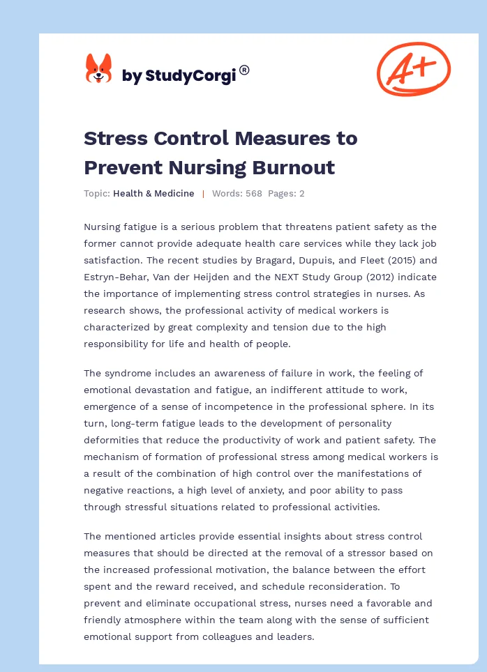 Stress Control Measures to Prevent Nursing Burnout. Page 1