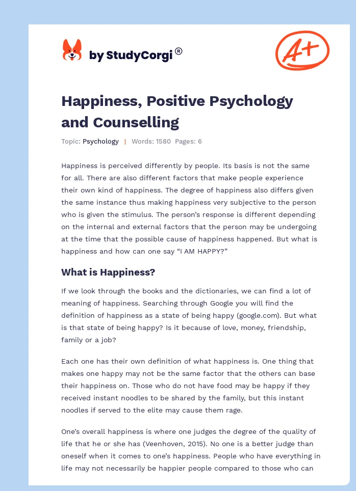 Happiness, Positive Psychology and Counselling. Page 1
