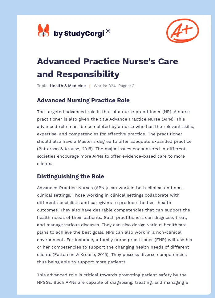 Advanced Practice Nurse's Care and Responsibility. Page 1