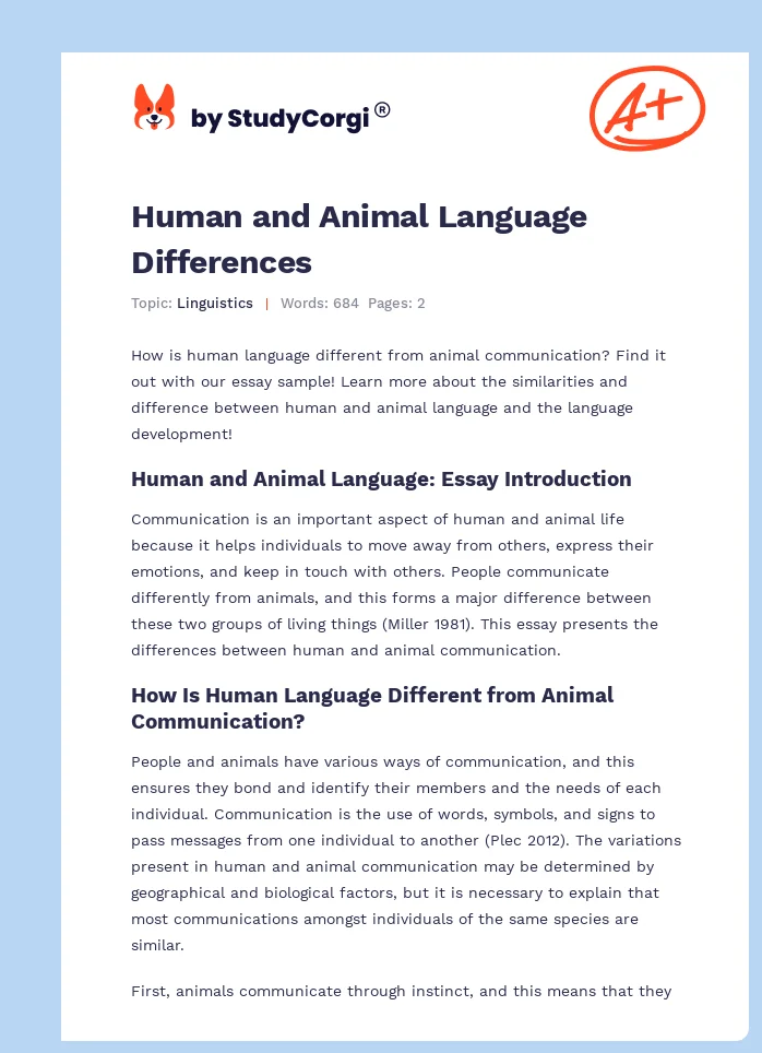 Human and Animal Language Differences. Page 1