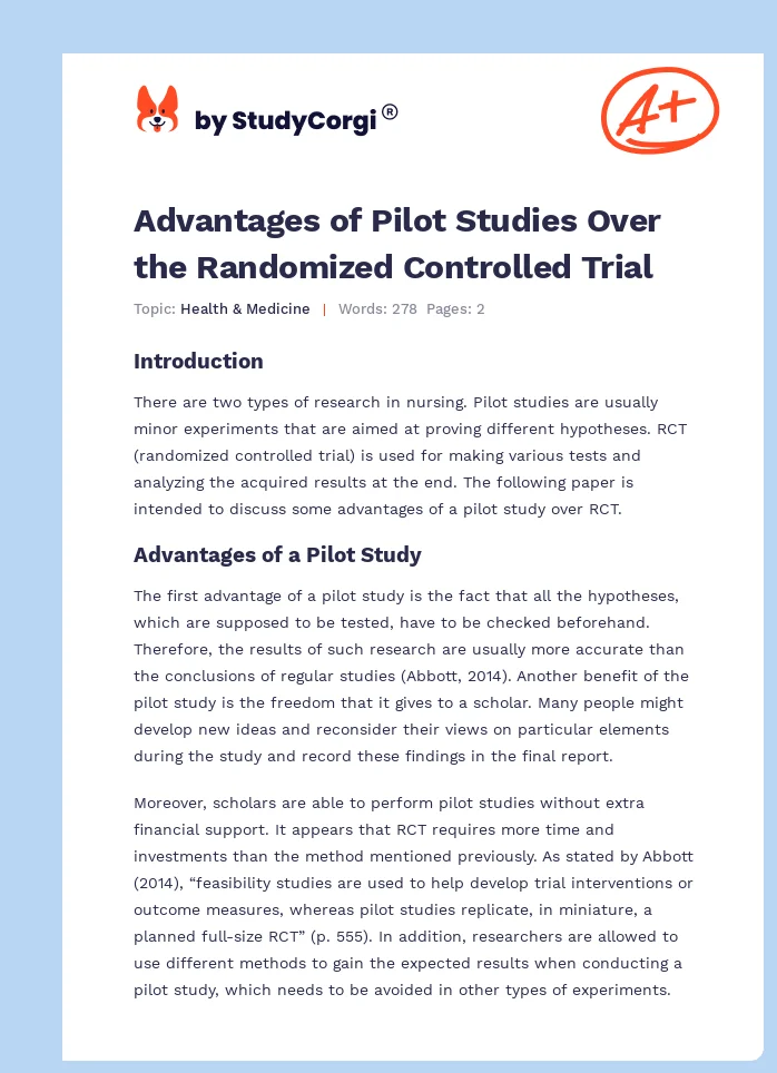 Advantages of Pilot Studies Over the Randomized Controlled Trial. Page 1