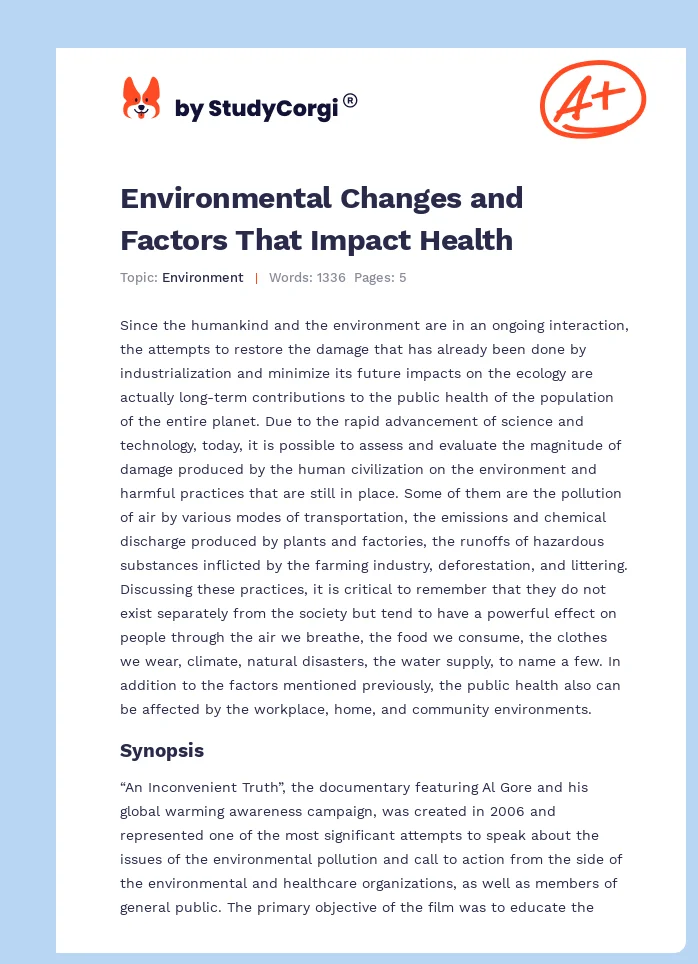 Environmental Changes and Factors That Impact Health. Page 1
