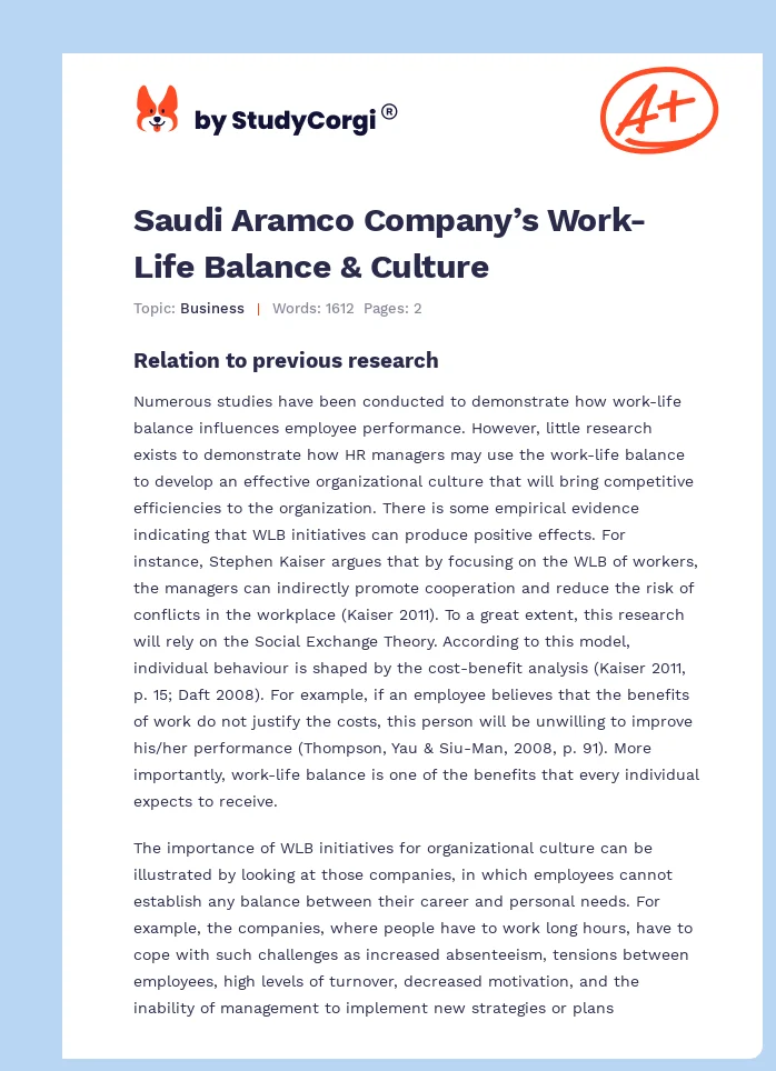 Saudi Aramco Company’s Work-Life Balance & Culture. Page 1