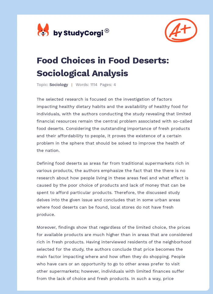 Food Choices in Food Deserts: Sociological Analysis. Page 1