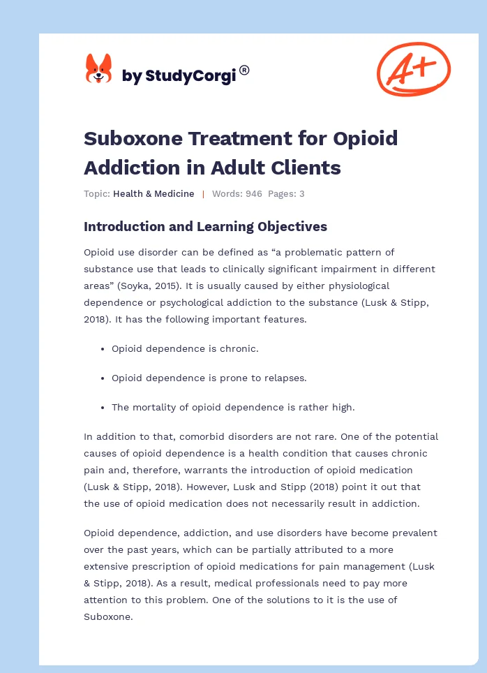 Suboxone Treatment for Opioid Addiction in Adult Clients. Page 1