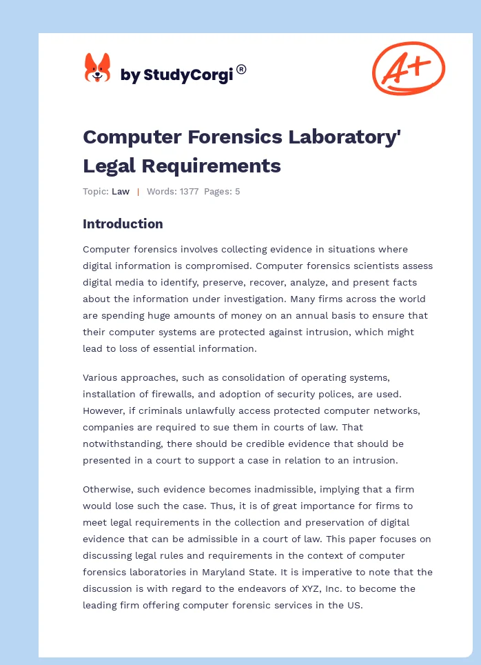 Computer Forensics Laboratory' Legal Requirements. Page 1