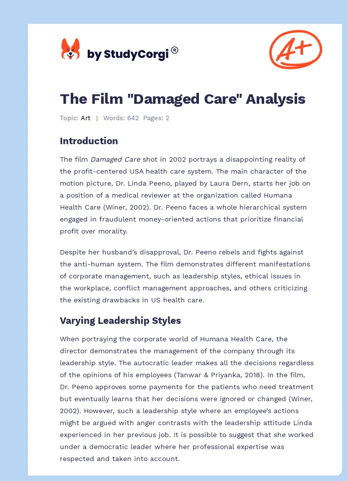 The Film "Damaged Care" Analysis. Page 1