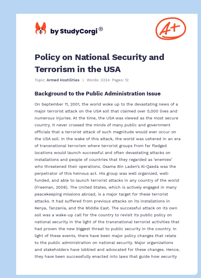 Policy on National Security and Terrorism in the USA. Page 1