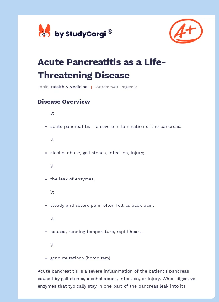 Acute Pancreatitis as a Life-Threatening Disease. Page 1