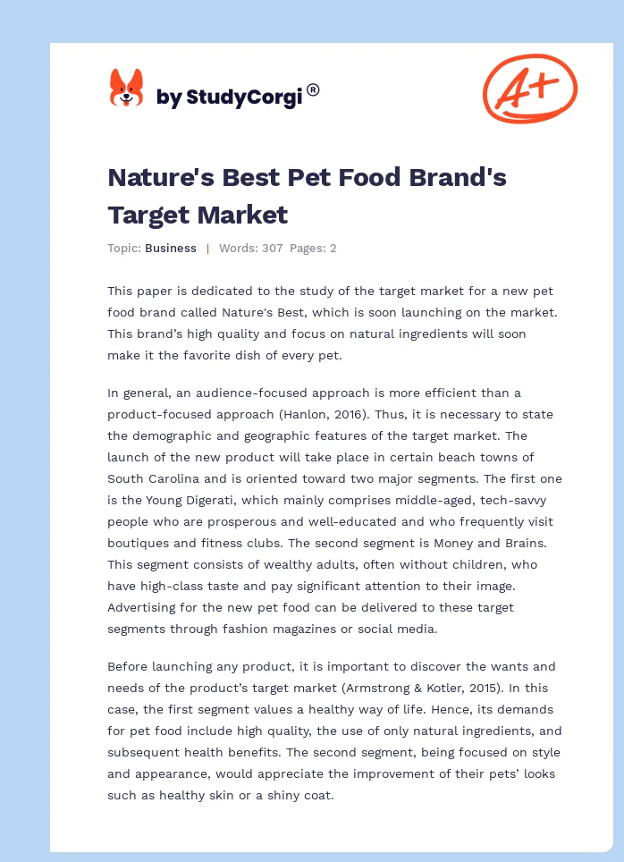 Nature's Best Pet Food Brand's Target Market. Page 1