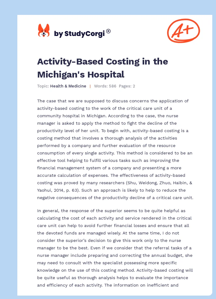 Activity-Based Costing in the Michigan's Hospital. Page 1