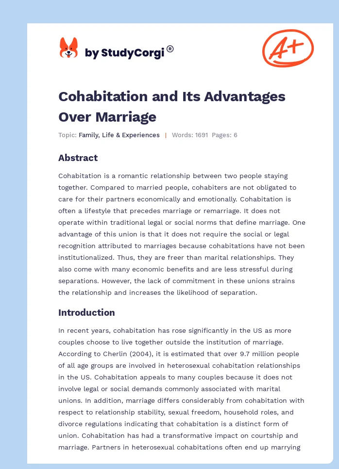 Cohabitation and Its Advantages Over Marriage. Page 1
