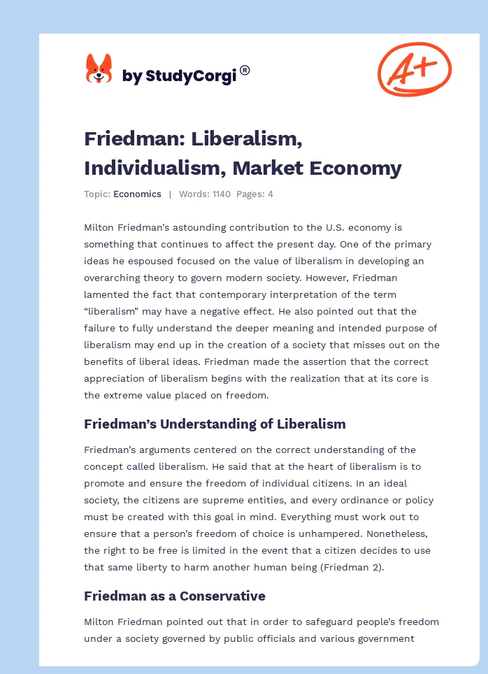Friedman: Liberalism, Individualism, Market Economy. Page 1