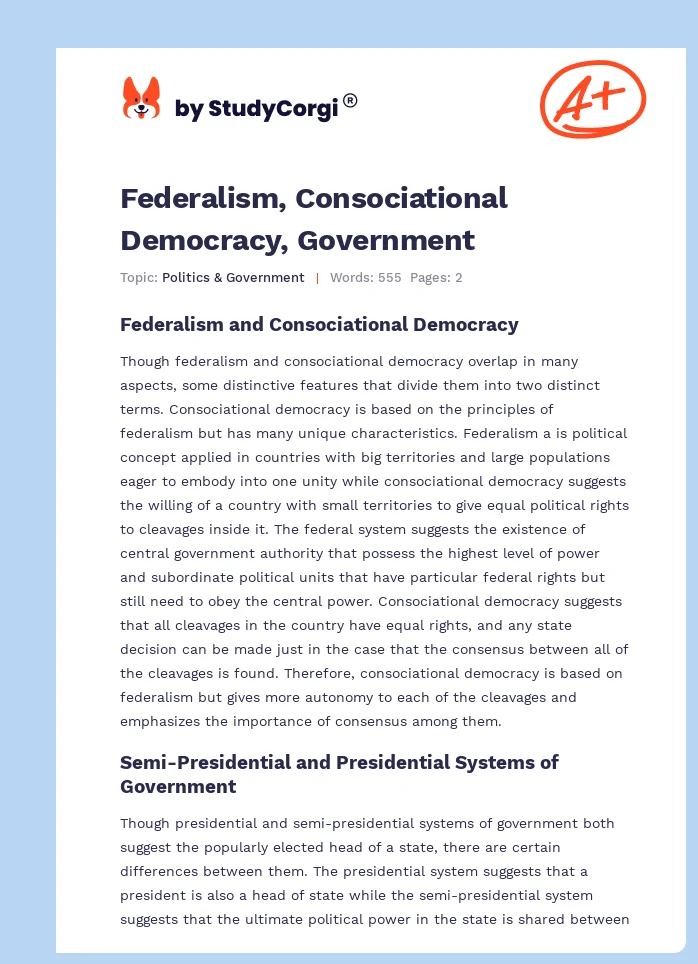 Federalism, Consociational Democracy, Government. Page 1