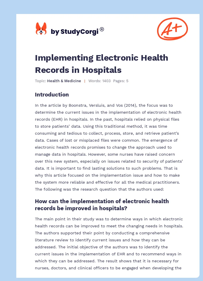 Implementing Electronic Health Records in Hospitals. Page 1