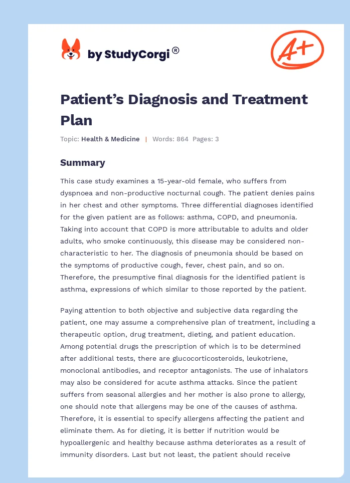Patient’s Diagnosis and Treatment Plan. Page 1