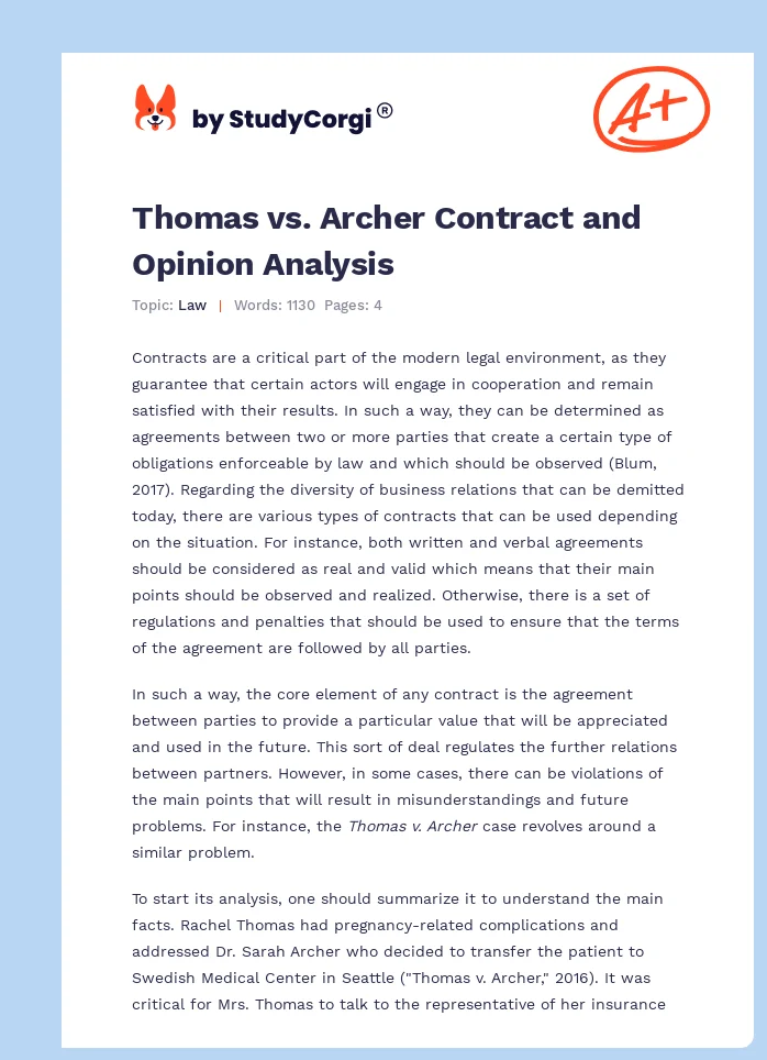 Thomas vs. Archer Contract and Opinion Analysis. Page 1