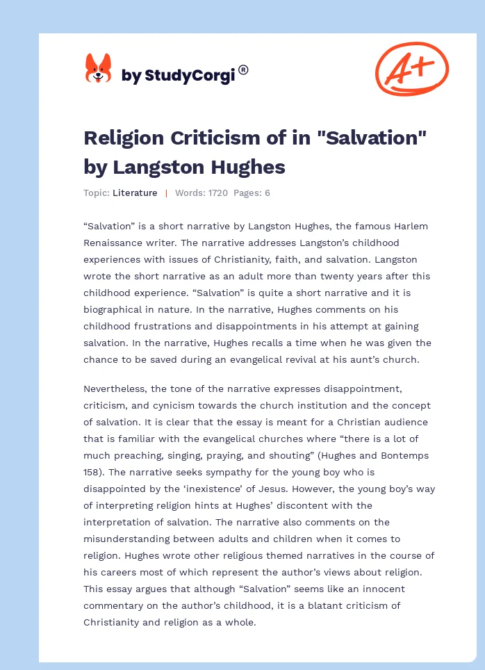 Religion Criticism of in "Salvation" by Langston Hughes. Page 1