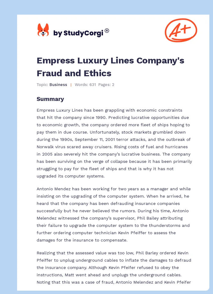 Empress Luxury Lines Company's Fraud and Ethics. Page 1