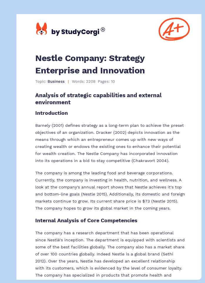 Nestle Company: Strategy Enterprise and Innovation. Page 1