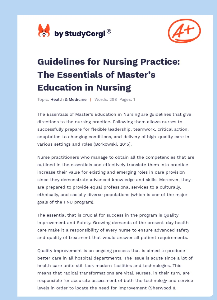 Guidelines for Nursing Practice: The Essentials of Master’s Education in Nursing. Page 1