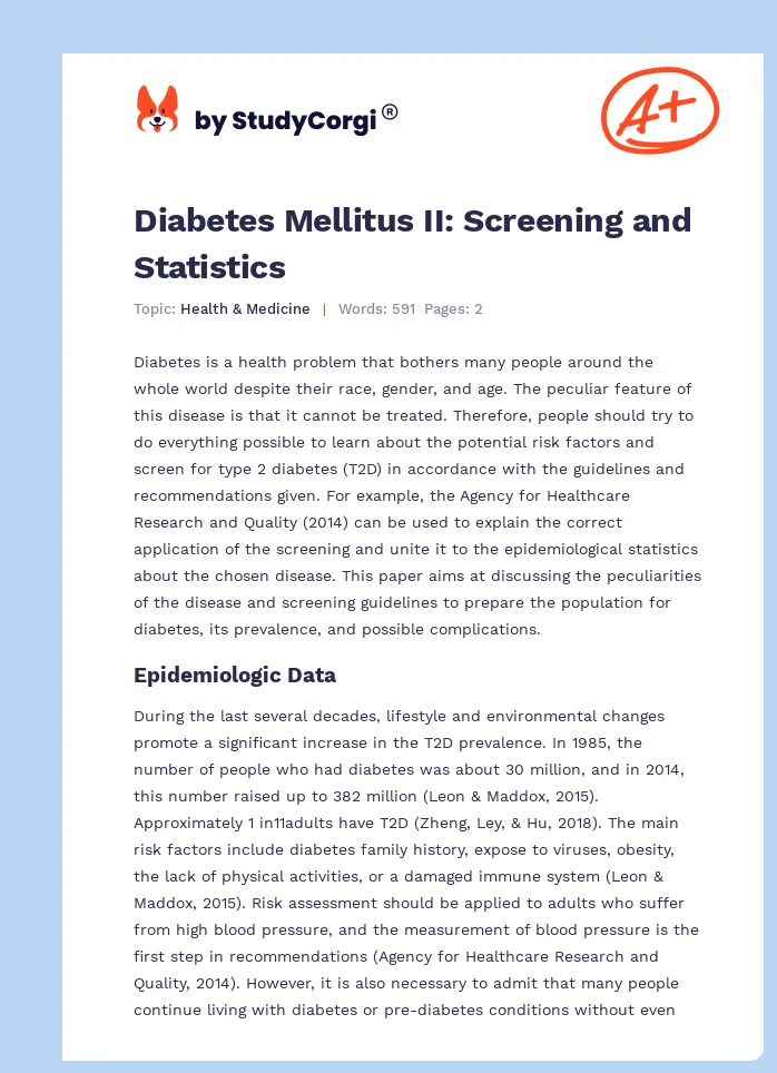 Diabetes Mellitus II: Screening and Statistics. Page 1
