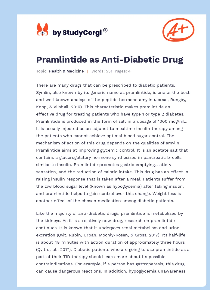 Pramlintide as Anti-Diabetic Drug. Page 1