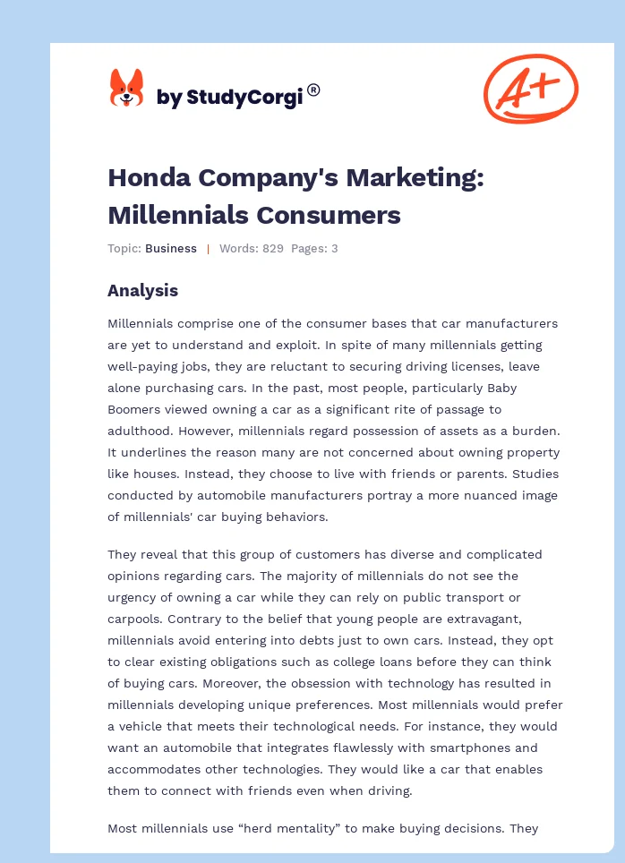 Honda Company's Marketing: Millennials Consumers. Page 1