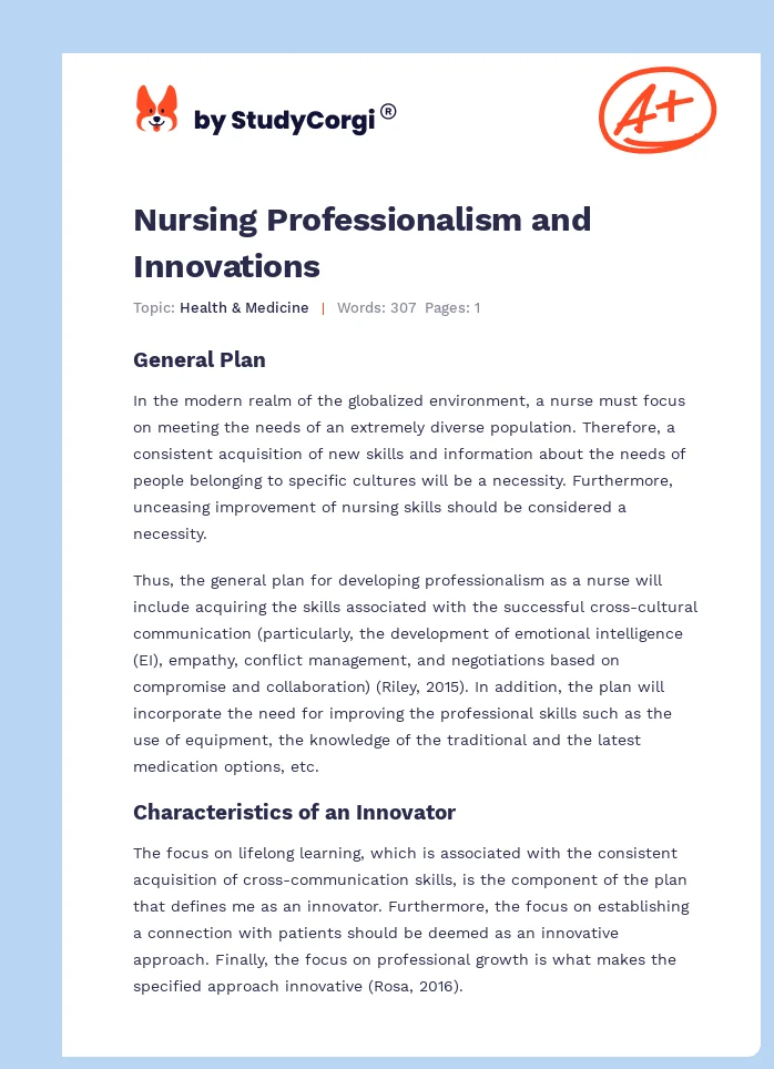 Nursing Professionalism and Innovations. Page 1