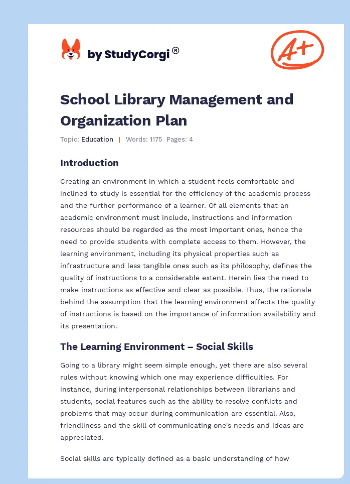 School Library Management and Organization Plan. Page 1