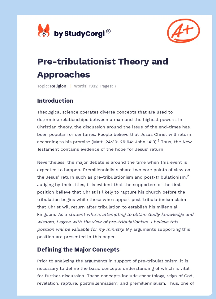 Pre-tribulationist Theory and Approaches. Page 1