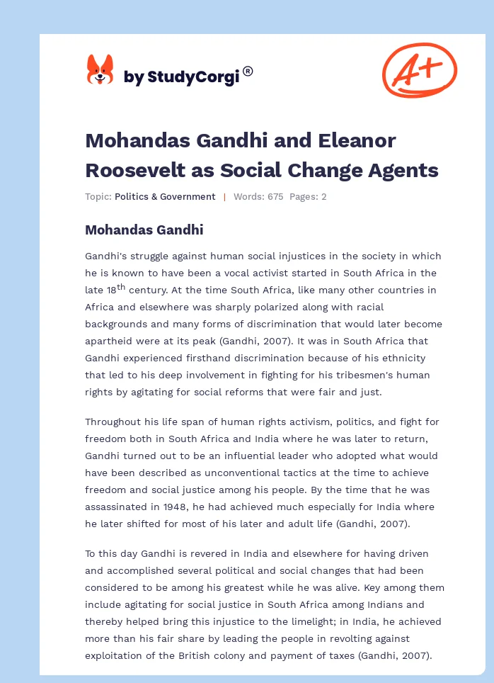 Mohandas Gandhi and Eleanor Roosevelt as Social Change Agents. Page 1