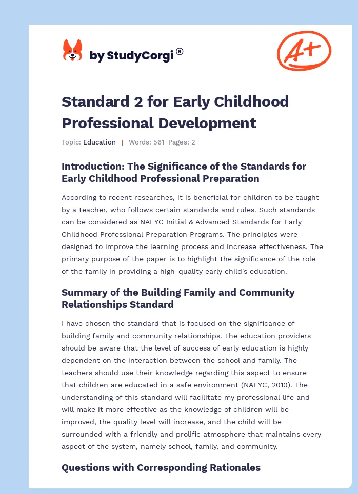 Standard 2 for Early Childhood Professional Development. Page 1