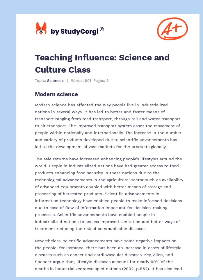 Teaching Influence: Science and Culture Class. Page 1